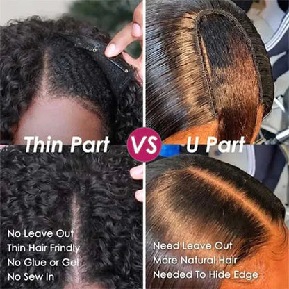 Perruque brésilienne bouclée crépue avec raie en U, cheveux humains, sans colle, densité 180 %