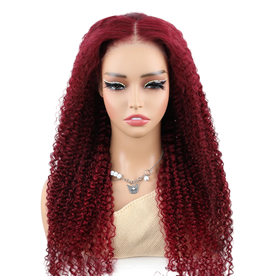 Perruque sans colle Wear And Go en cheveux humains pré-coupés Mongols crépus bouclés 99j Bordeaux 6x4 Lace, prête à porter