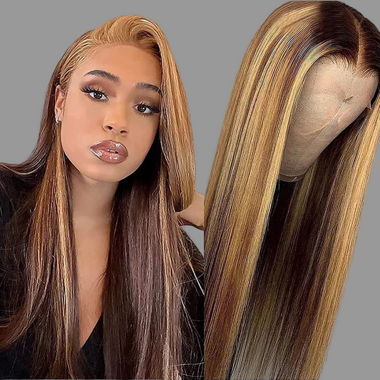 Perruque Highlight Straight 13x4 Lace Front en cheveux humains, perruque avec fermeture en dentelle 4x4, perruque ombrée péruvienne 4/27, perruques en dentelle lisses péruviennes