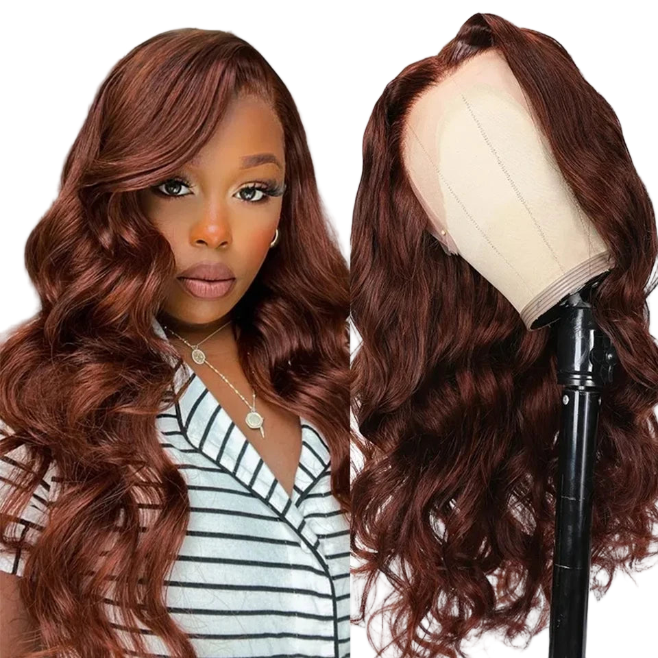 Perruque cheveux brésiliens ondulés, perruque Lace Front colorée, marron chocolat, cheveux humains, fermeture marron roux, 99j bordeaux