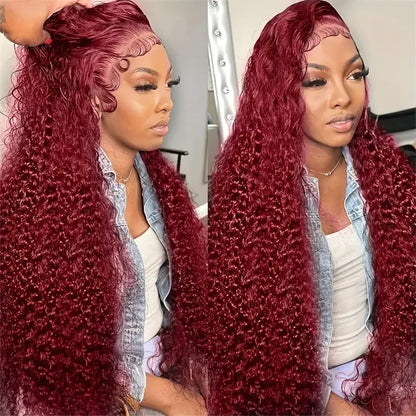 Perruque Lace Front Wig naturelle bouclée bordeaux 13x6 HD, cheveux ondulés profonds, couleur rouge 99J, 76 cm, pour femmes