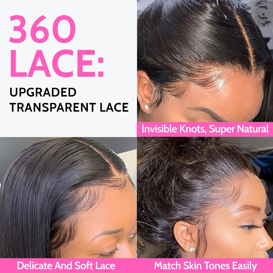 Perruques 360° sans colle, cheveux humains, prêtes à porter, lisses, sans colle, pré-épilées, à porter et à emporter, perruques HD Full Lace Front prédécoupées