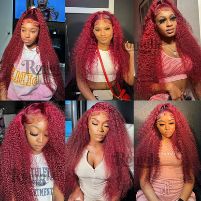 Perruque Lace Front Wig naturelle bouclée bordeaux 13x6 HD, cheveux ondulés profonds, couleur rouge 99J, 76 cm, pour femmes