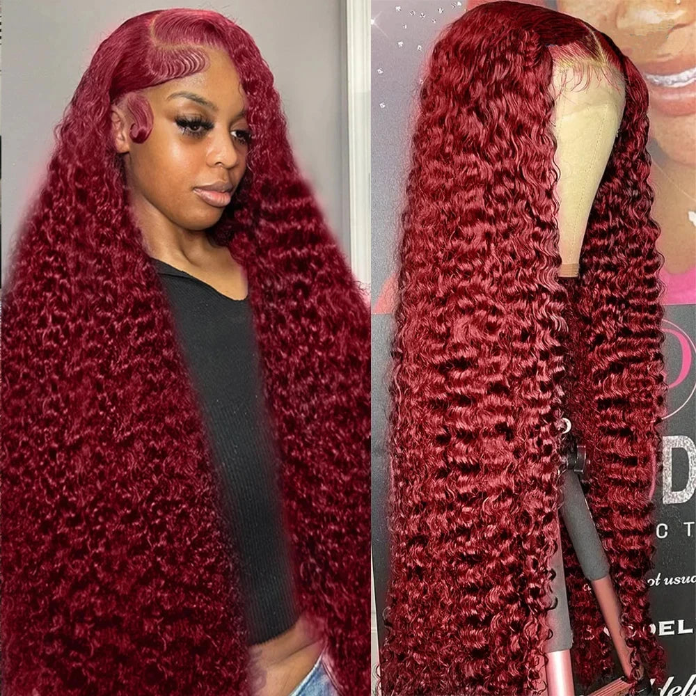 Perruque de cheveux humains avec dentelle frontale HD 13x6 bordeaux 99J de 40 pouces, perruque Remy de couleur rouge, perruque frontale bouclée en dentelle transparente 13x4, perruque frontale ondulée profonde