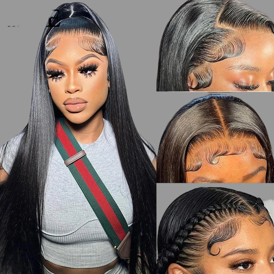 Perruque 360 sans colle, cheveux humains, prête à porter, lisse, sans colle, HD, avec lace front intégrale, pré-coupée et pré-épilée, facile à porter.