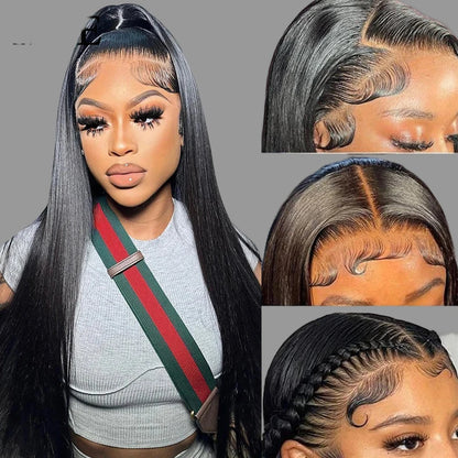 Perruque 360 sans colle, cheveux humains, prête à porter, lisse, sans colle, HD, avec lace front intégrale, pré-coupée et pré-épilée, facile à porter.