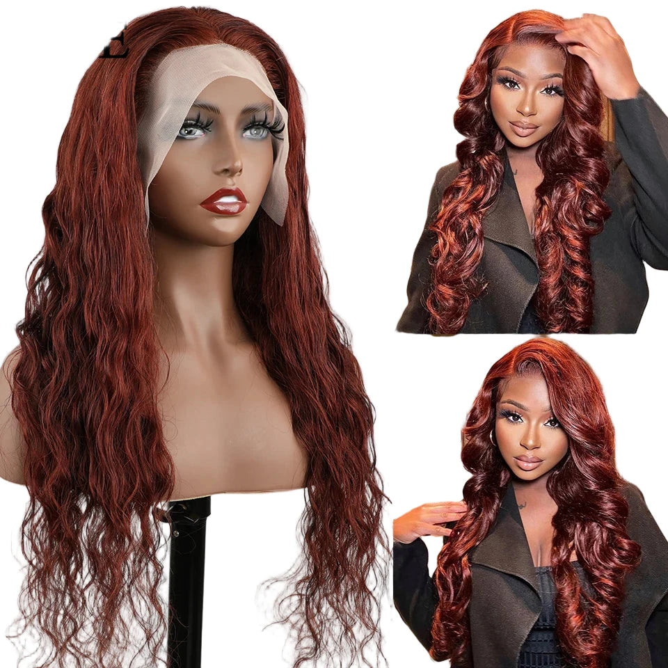 Perruque cheveux brésiliens ondulés, perruque Lace Front colorée, marron chocolat, cheveux humains, fermeture marron roux, 99j bordeaux