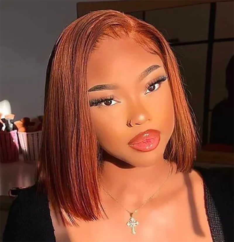 Perruque couleur brun roux n° 33, lisse, prête à porter, pré-coupée et pré-épilée, sans colle, perruque bob en cheveux humains avec lace front