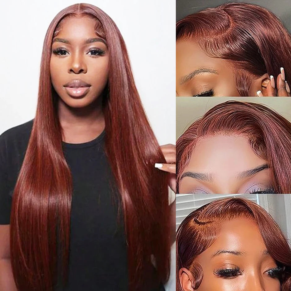 Perruque Brun roux n° 33, sans colle, 13x6, lisse, à lace frontale, pré-épilée, avec cordons invisibles, en cheveux humains.