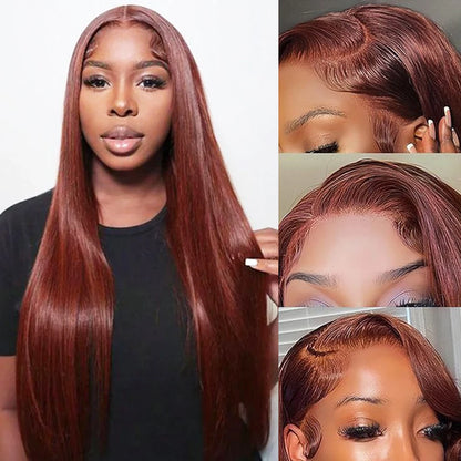 Perruque Brun roux n° 33, sans colle, 13x6, lisse, à lace frontale, pré-épilée, avec cordons invisibles, en cheveux humains.