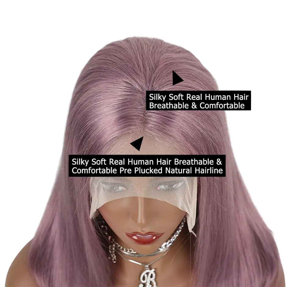 Perruque bob lisse violet cendré malaisienne, 13x4, en cheveux humains avec lace front