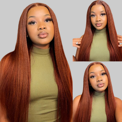 Perruque lace front colorée, cheveux humains malaisiens raides perruque lace closure marron roux