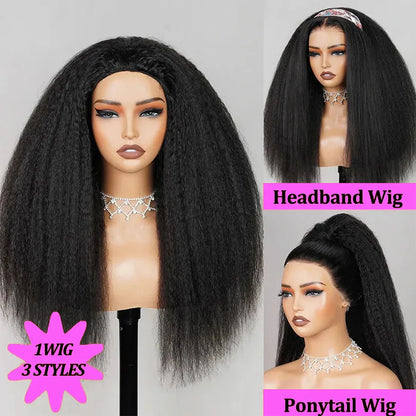 Perruque demi-perruque 3 en 1, cheveux humains crépus et raides, à porter et à emporter, sans colle, avec bandeau, cheveux humains vierges