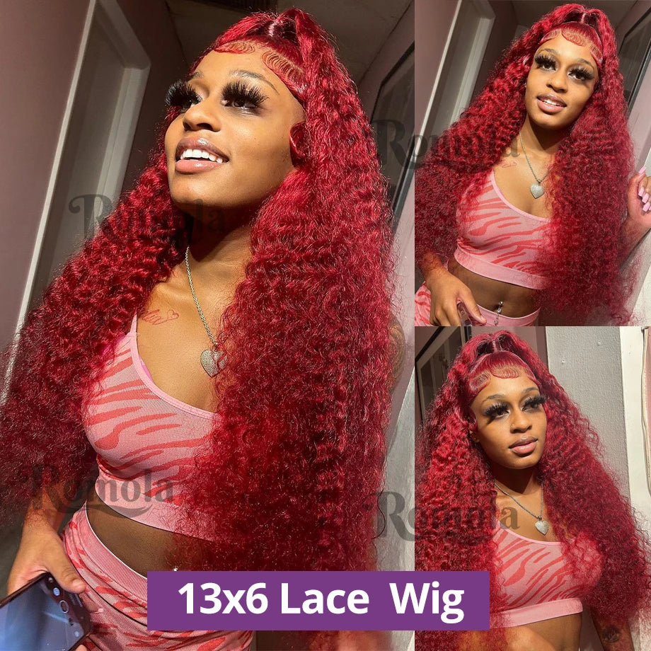 Perruque Lace Front Wig naturelle bouclée bordeaux 13x6 HD, cheveux ondulés profonds, couleur rouge 99J, 76 cm, pour femmes