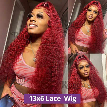 Perruque Lace Front Wig naturelle bouclée bordeaux 13x6 HD, cheveux ondulés profonds, couleur rouge 99J, 76 cm, pour femmes