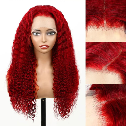 Perruques en cheveux humains ondulés profonds, rouge vif, densité 250, 13x4, 13x6, perruques en cheveux bruts, perruques colorées, 13x4