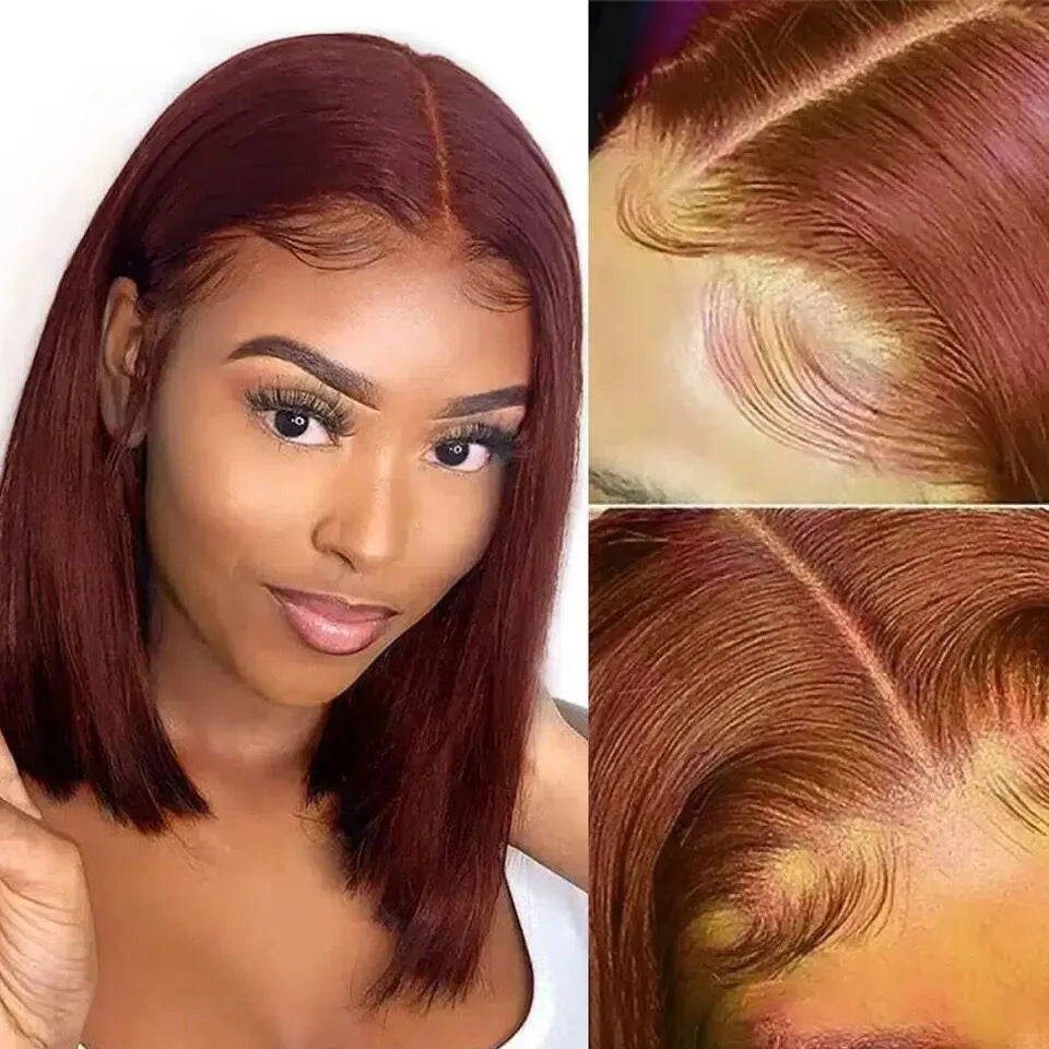 Perruque couleur brun roux n° 33, lisse, prête à porter, pré-coupée et pré-épilée, sans colle, perruque bob en cheveux humains avec lace front