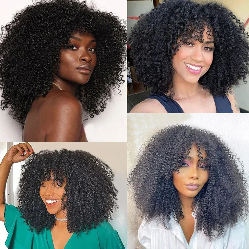 Perruques afro bouclées avec frange, densité 200 %, cheveux humains Remy, sans colle, pour femmes noires
