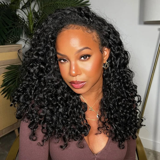 Perruque 3 en 1, demi-perruque en cheveux humains, sans colle, frisée et crépue, avec cordon de serrage et clips invisibles.