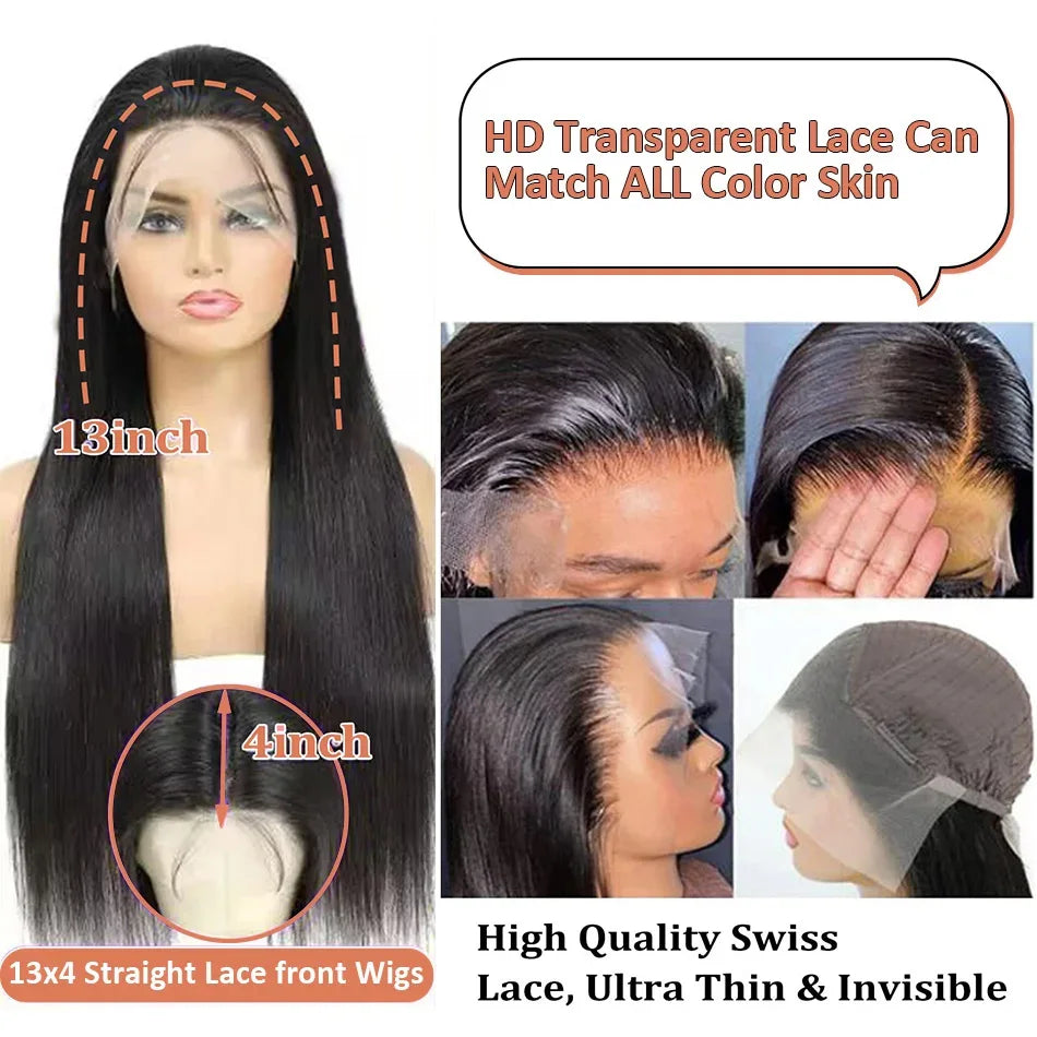 Perruques brésiliennes en cheveux humains avec dentelle frontale, densité 250, 33 x 10 et 33 x 15 cm, transparentes et lisses, 76,2 à 102 cm, pour femmes