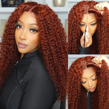 Perruque Brun roux Wear Go, perruque sans colle en cheveux humains, style mongol, bouclée crépue, dentelle 6x4, prête à porter