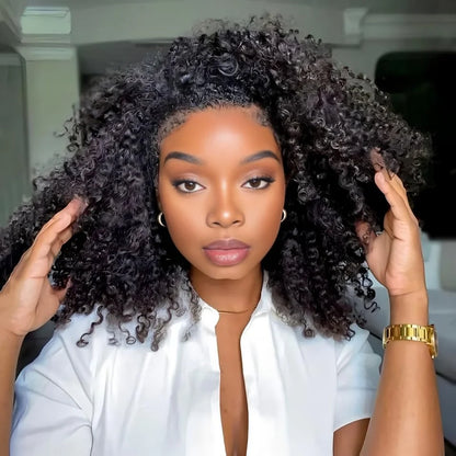 Perruques sans colle, demi-perruques afro bouclées, densité 250, cheveux humains, 3 en 1, avec cordon de serrage, clips sans couture