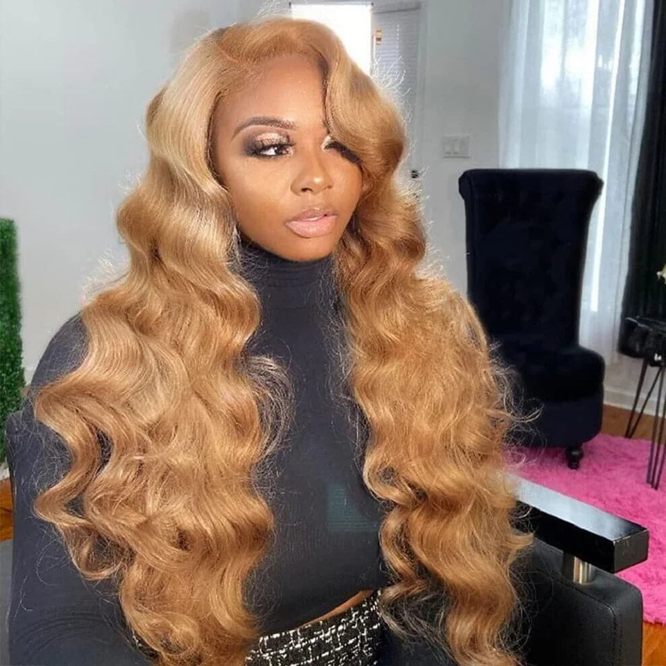 Perruque en cheveux humains ondulés colorés, prête à porter, pré-coupée et pré-épilée, sans colle, blond miel, avec lace front.