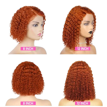 Perruque bob bouclée rousse pour femmes, cheveux humains mongols crépus bouclés, perruque bob courte avec lace front, perruques bouclées rousses avec lace front
