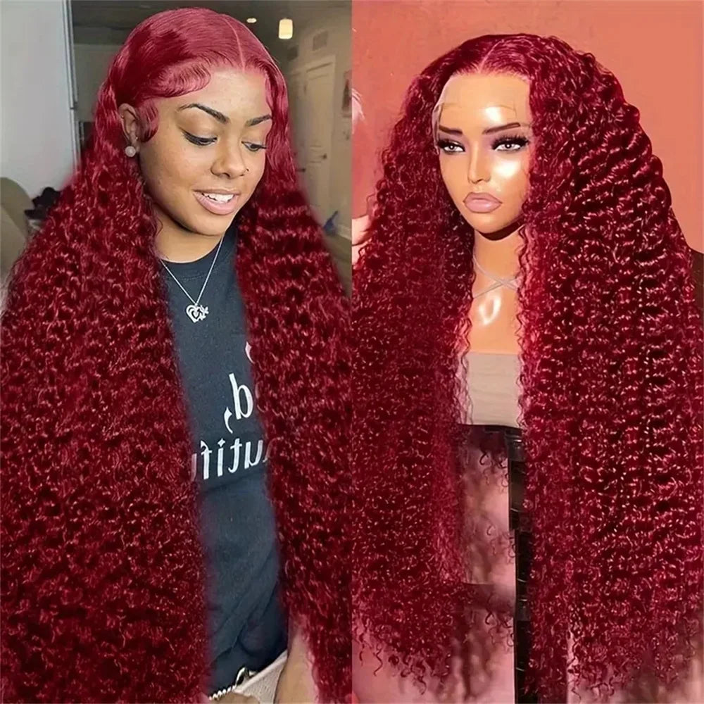 Perruque Lace Front Wig naturelle bouclée bordeaux 13x6 HD, cheveux ondulés profonds, couleur rouge 99J, 76 cm, pour femmes