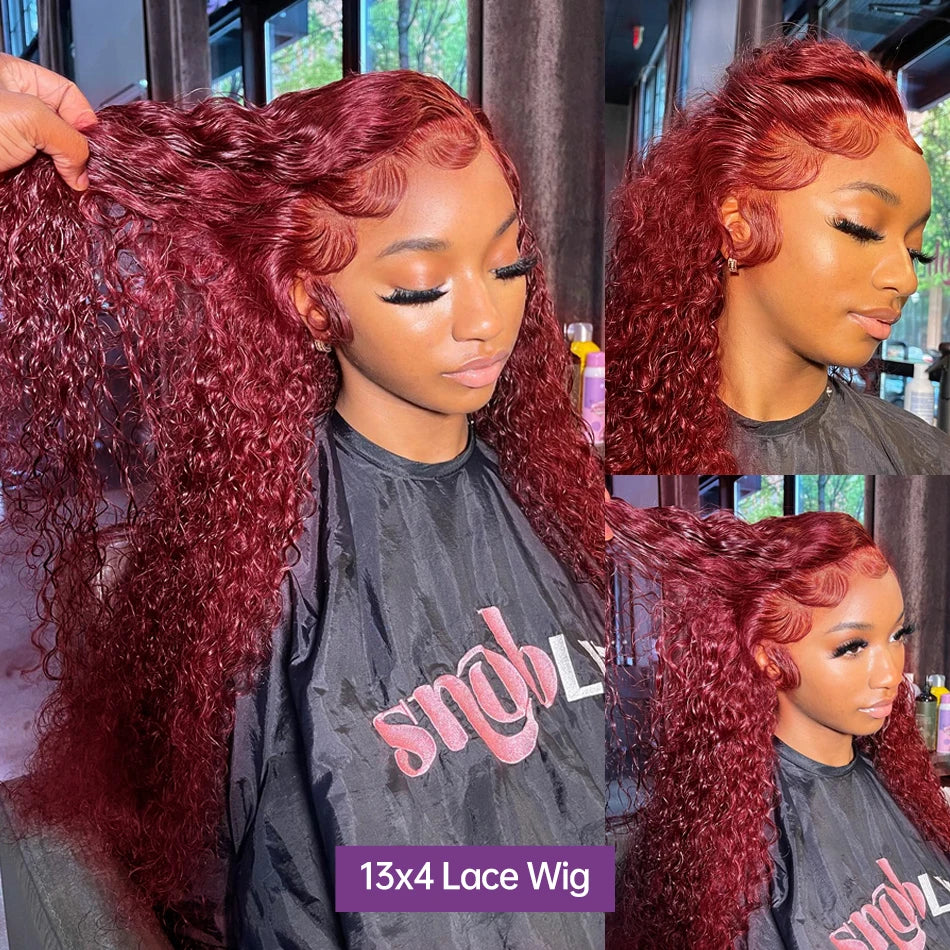 Perruque Lace Front Wig naturelle bouclée bordeaux 13x6 HD, cheveux ondulés profonds, couleur rouge 99J, 76 cm, pour femmes