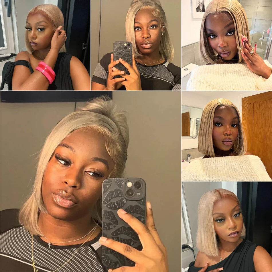Perruque Lace Front Wig 13x4, cheveux humains, coupe courte, blond cendré, transparente, densité 180 %, pour femmes