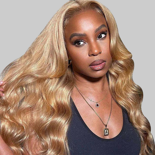 Perruque en cheveux humains ondulés colorés, prête à porter, pré-coupée et pré-épilée, sans colle, blond miel, avec lace front.