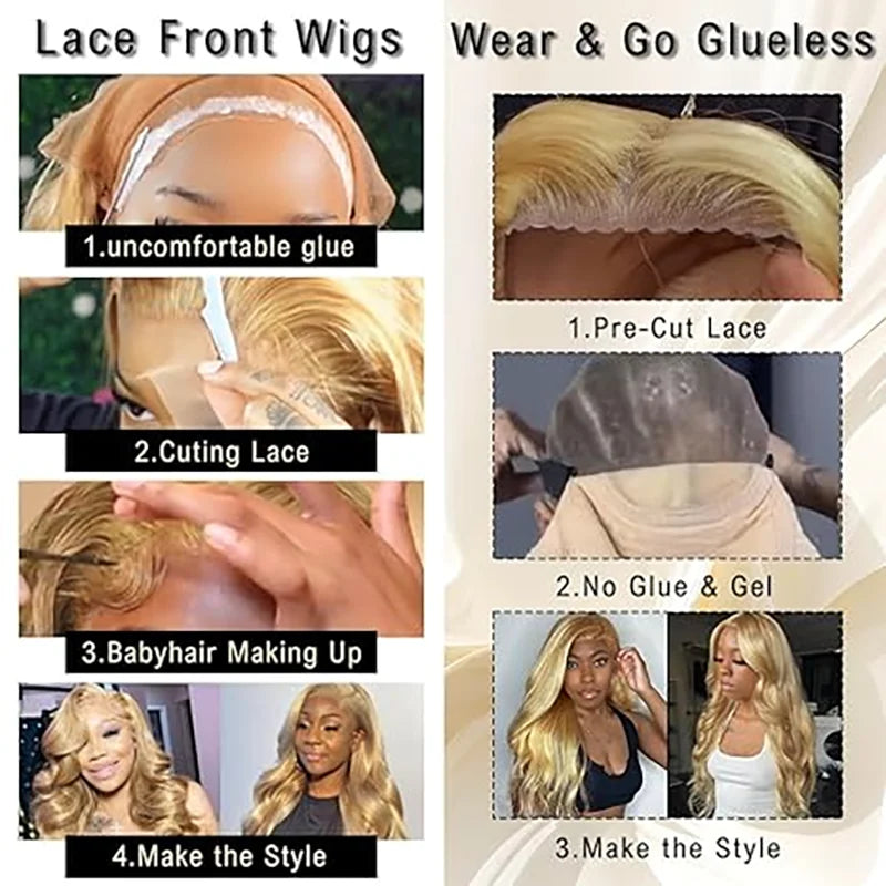 Perruque en cheveux humains ondulés colorés, prête à porter, pré-coupée et pré-épilée, sans colle, blond miel, avec lace front.