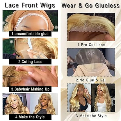 Perruque en cheveux humains ondulés colorés, prête à porter, pré-coupée et pré-épilée, sans colle, blond miel, avec lace front.
