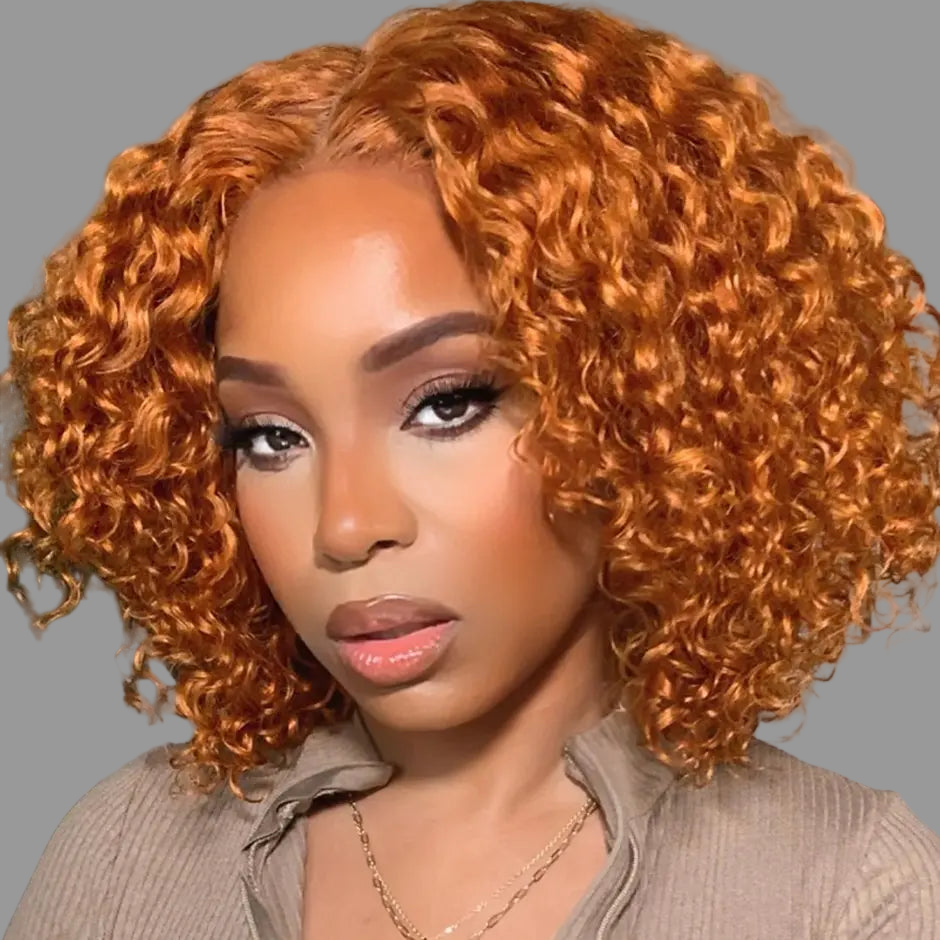 Perruque bob bouclée rousse pour femmes, cheveux humains mongols crépus bouclés, perruque bob courte avec lace front, perruques bouclées rousses avec lace front