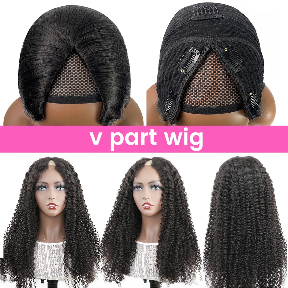 V PART Perruques en cheveux humains pour femmes, perruques bouclées avec raie latérale sans perte, perruques mongoles crépues et bouclées