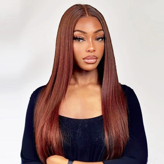 Perruque Brun roux n° 33, sans colle, 13x6, lisse, à lace frontale, pré-épilée, avec cordons invisibles, en cheveux humains.