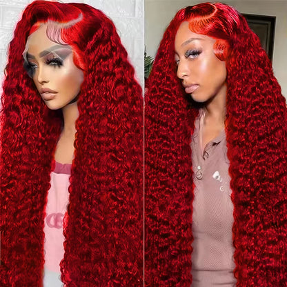 Perruques en cheveux humains ondulés profonds, rouge vif, densité 250, 13x4, 13x6, perruques en cheveux bruts, perruques colorées, 13x4