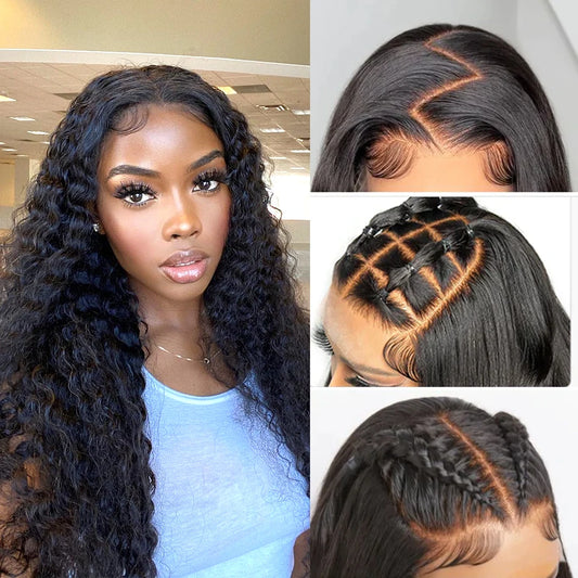 Perruque sans colle 6x9 en cheveux humains, nœuds pré-blanchis, ondulations profondes, lace front, prête à porter, prédécoupée, en dentelle, cheveux humains, pré-épilée