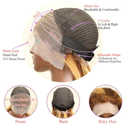Perruque Bob 13x4, cheveux Remy lisses, ombré, mèches 4/27, perruques en cheveux humains, dentelle transparente sur le devant, pour femmes noires