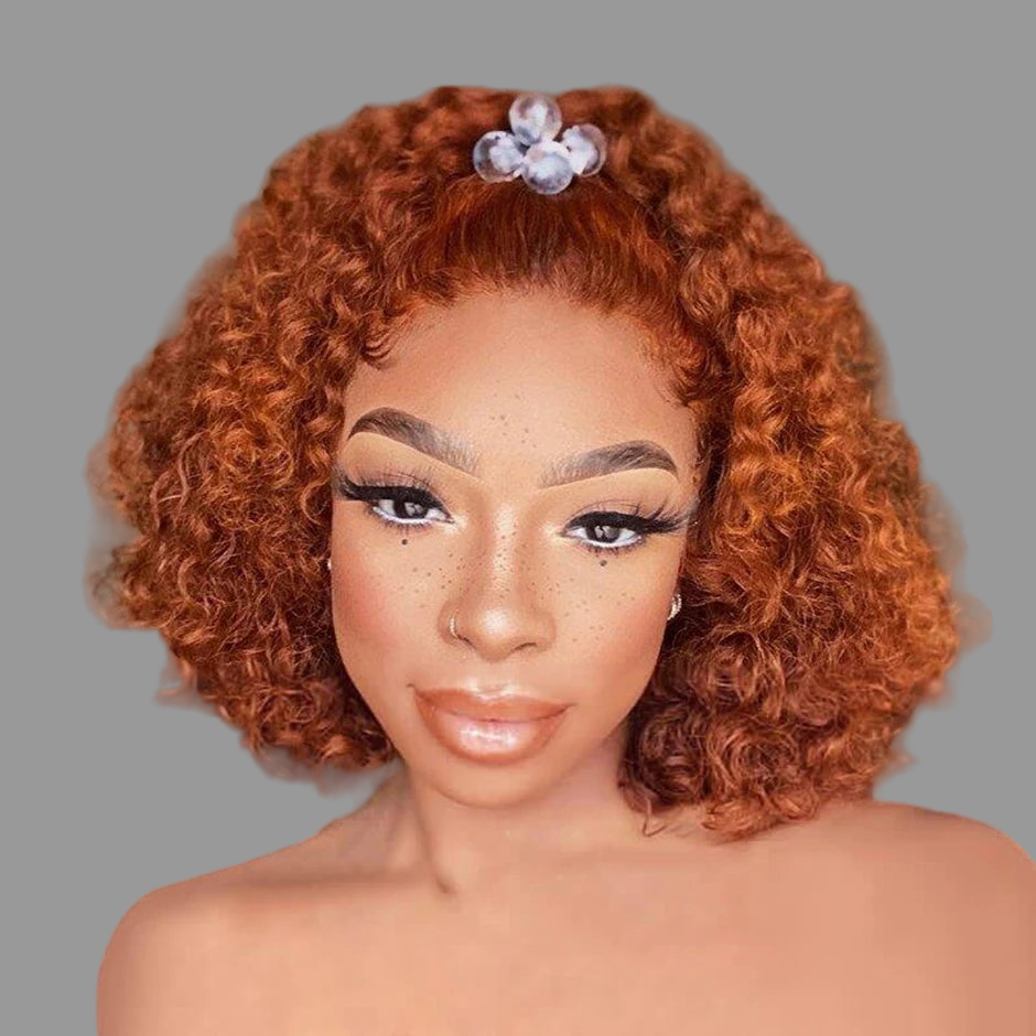 Perruque bob bouclée rousse pour femmes, cheveux humains mongols crépus bouclés, perruque bob courte avec lace front, perruques bouclées rousses avec lace front