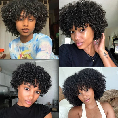 Perruques afro bouclées avec frange, densité 200 %, cheveux humains Remy, sans colle, pour femmes noires