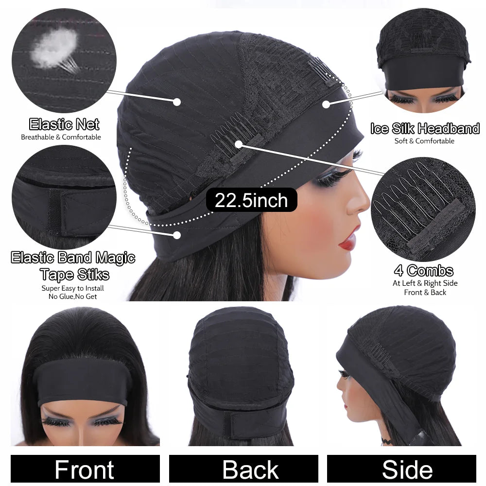 Perruque bandeau en cheveux humains raides, perruques en cheveux humains péruviens entièrement fabriquées à la machine pour femmes noires, faciles à porter, 180 %