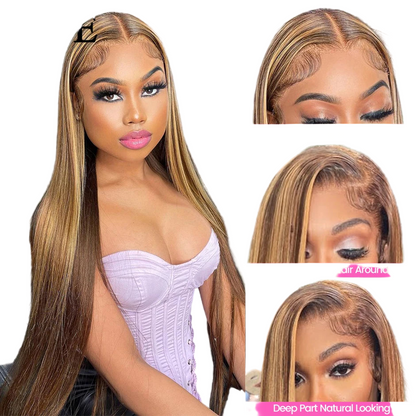 Perruque Highlight Straight 13x4 Lace Front en cheveux humains, perruque avec fermeture en dentelle 4x4, perruque ombrée péruvienne