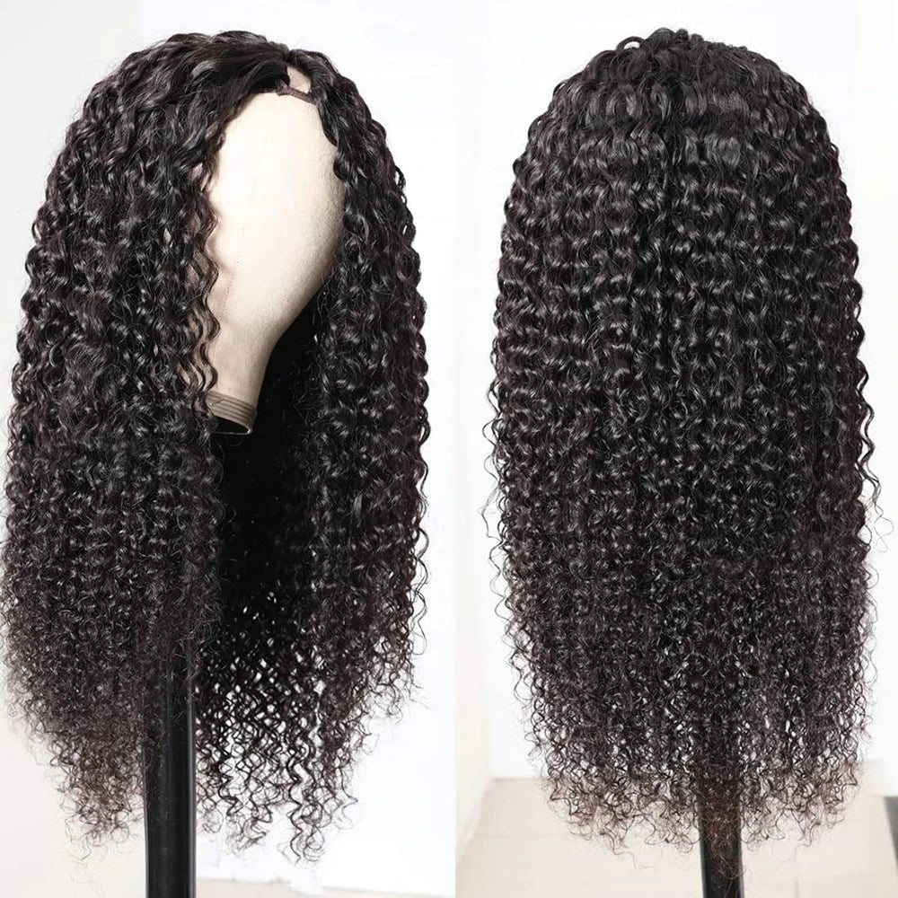 Perruque brésilienne bouclée crépue avec raie en U, cheveux humains, sans colle, densité 180 %