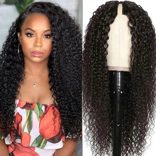 Perruque brésilienne bouclée crépue avec raie en U, cheveux humains, sans colle, densité 180 %