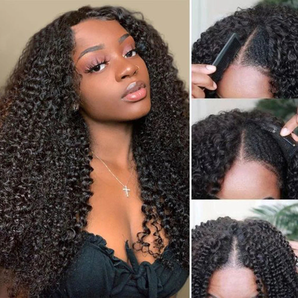 Perruque brésilienne bouclée crépue avec raie en U, cheveux humains, sans colle, densité 180 %